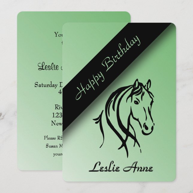 Equine Birthday Party Invitation Green (Front/Back)