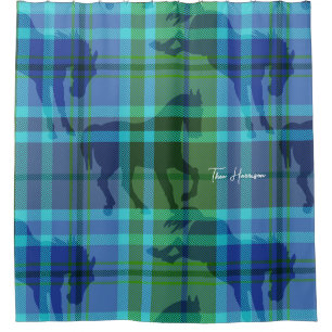 Equine Personalized blue & green preppy plaid Shower Curtain