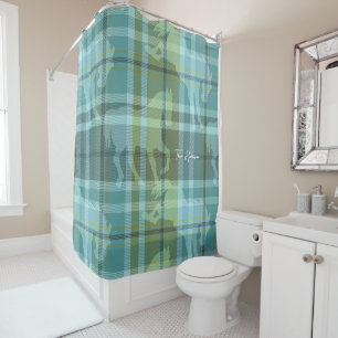 Equine Personalized teal blue preppy plaid Shower Curtain