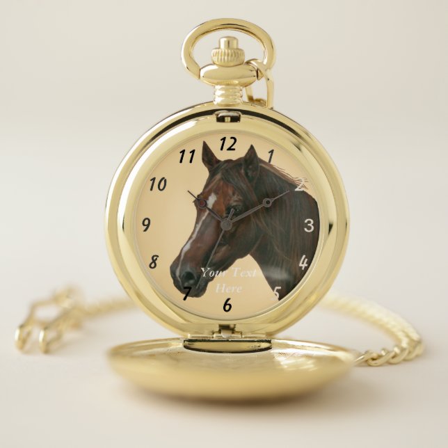 equine picture of chestnut mare brown horse pocket watch (Inside)