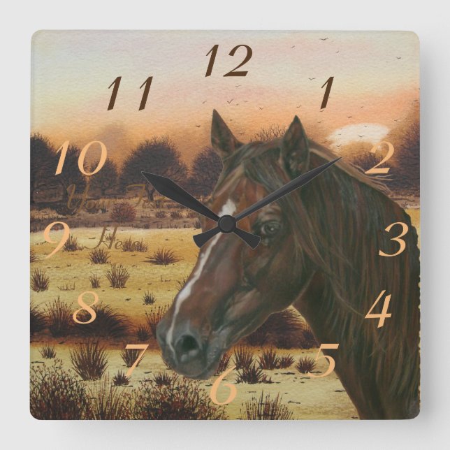 equine picture of chestnut mare brown horse square wall clock (Front)