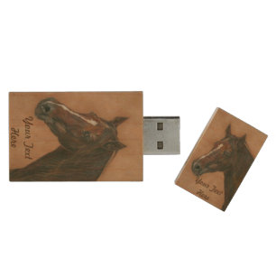 "equine picture of chestnut mare brown horse" wood USB flash drive