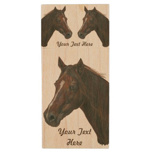 equine portrait of chestnut mare brown horse wood USB flash drive