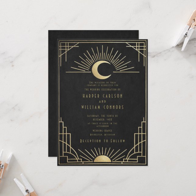 Equinox Art Deco celestial wedding Invitation (Front/Back In Situ)