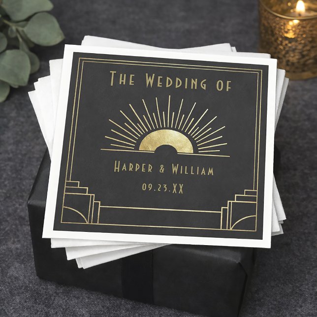 Equinox art deco gold sunburst napkins (Sunburst art deco black and faux gold geometric cocktail napkins.)