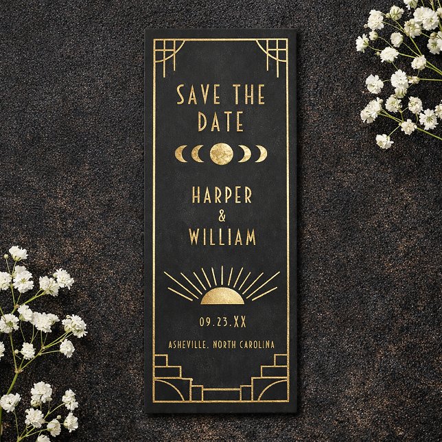 Equinox Celestial Bookmark save the date (Celestial art deco in black and gold save the date bookmark.)