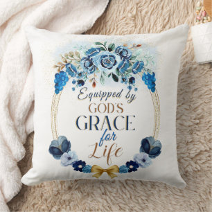 Equipped by God's Grace Blue Gold Floral Wreath Throw Pillow