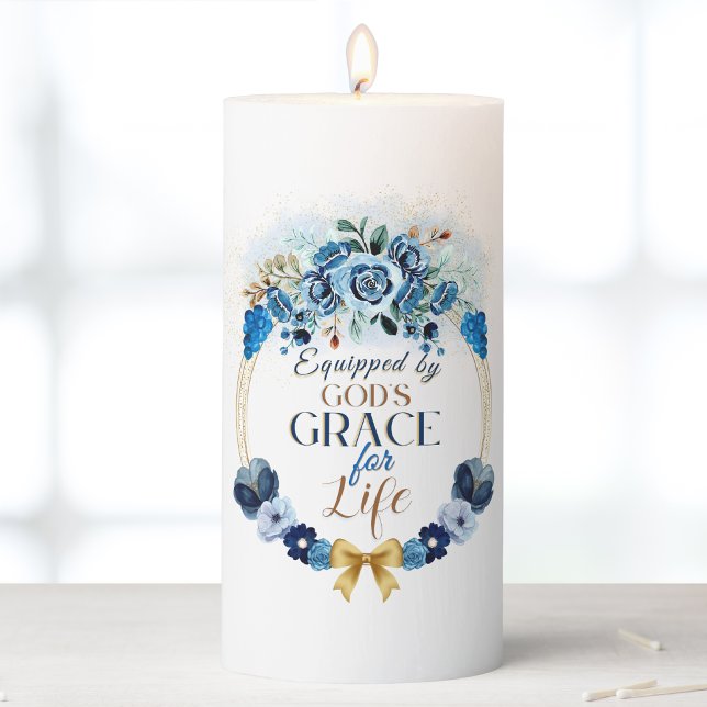 Equipped by Gods Grace Elegant Blue Floral Pillar Candle (Creator Uploaded)