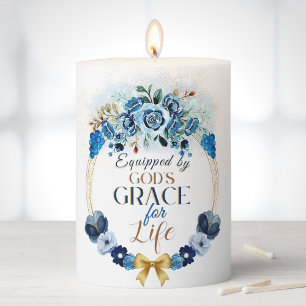 Equipped by God's Grace Elegant Blue Floral Script Pillar Candle
