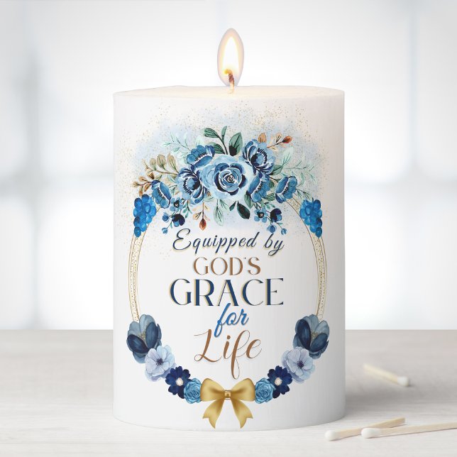 Equipped by God's Grace Elegant Blue Floral Script Pillar Candle (Creator Uploaded)