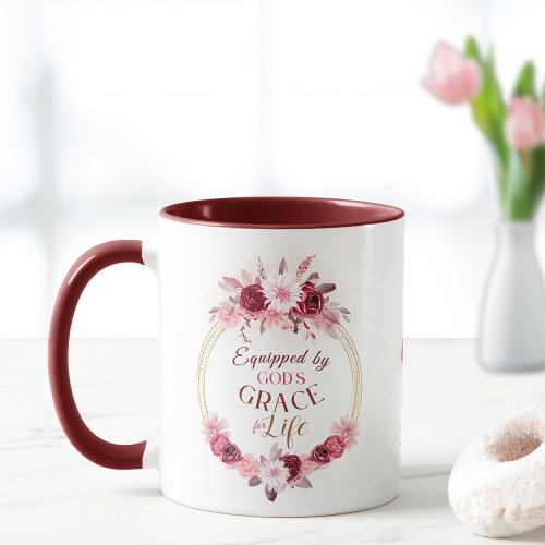 Equipped by Gods Grace Monogram Pink Gold Floral  Mug