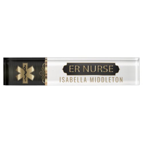 ER Nurse _ Black White  Gold Desk Name Plate
