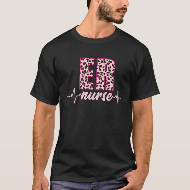 ER Nurse Leopard Heartbeat EKG Pulse Nursing Schoo T-Shirt (Front)