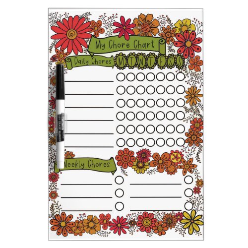 Erasable Chore Chart Wild Flowers in BoHo Colours Dry Erase Board