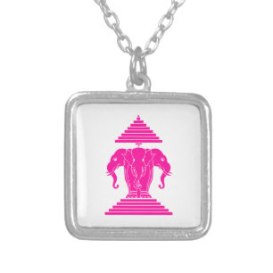 Erawan Pink Three Headed Elephant Lao / Laos Flag Silver Plated Necklace