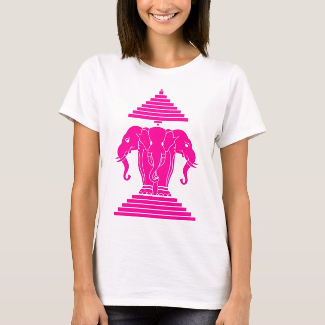 Erawan Pink Three Headed Elephant Lao / Laos Flag T-Shirt (Front)