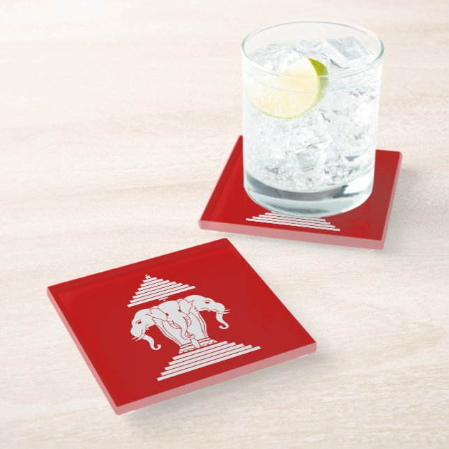 Erawan Three Headed Elephant Lao / Laos Flag Glass Coaster (Angled)