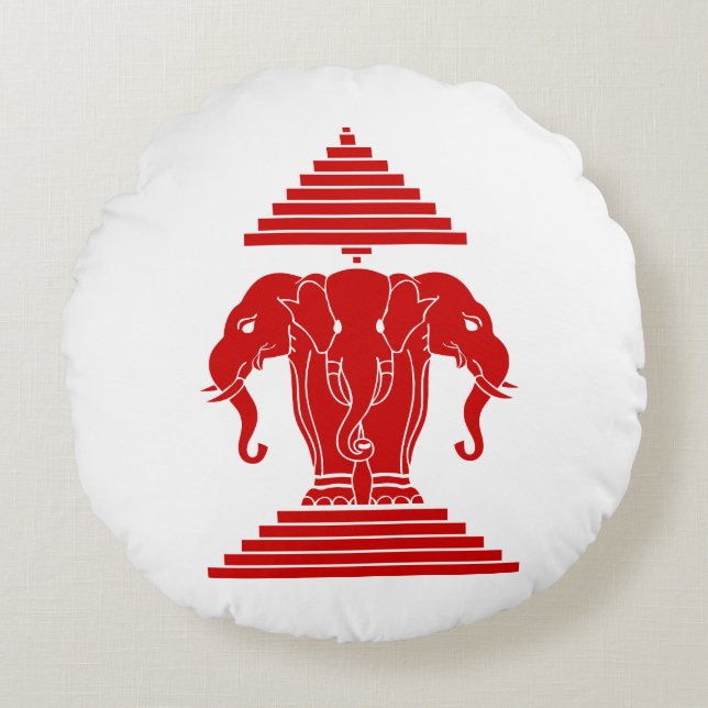 Erawan Three Headed Elephant Lao / Laos Flag Round Pillow (Front)
