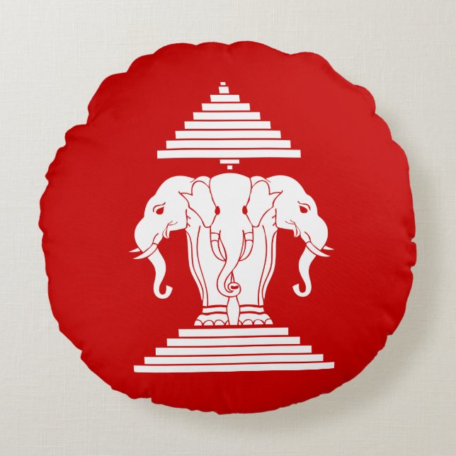 Erawan Three Headed Elephant Lao / Laos Flag Round Pillow (Front)