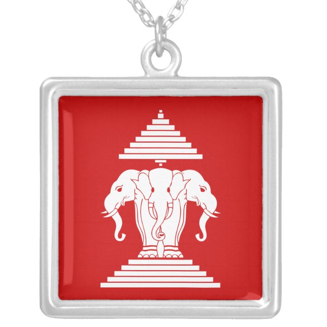 Erawan Three Headed Elephant Lao / Laos Flag Silver Plated Necklace (Front)