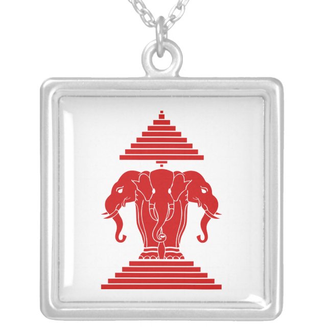 Erawan Three Headed Elephant Lao / Laos Flag Silver Plated Necklace (Front)