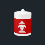 Erawan Three Headed Elephant Lao / Laos Flag Teapot<br><div class="desc">From 1952 until 1975 the country had a red flag, with a white three-headed elephant (the god Erawan) in the middle. On top of the elephant is a nine-folded umbrella, while the elephant itself stands on a five-level pedestal. The white elephant is a common royal symbol in Southeast Asia, the...</div>