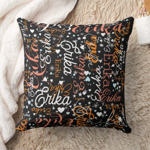 Erika Custom Name Cute Hearts and Stars Black Throw Pillow