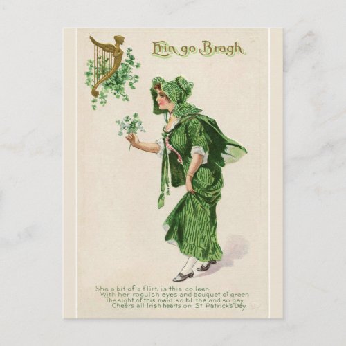 Erin Go Bragh Lady With Bouquet of Shamrocks Postcard