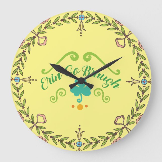 Erin Go Braugh Irish Folk Art Wreath Large Clock (Front)