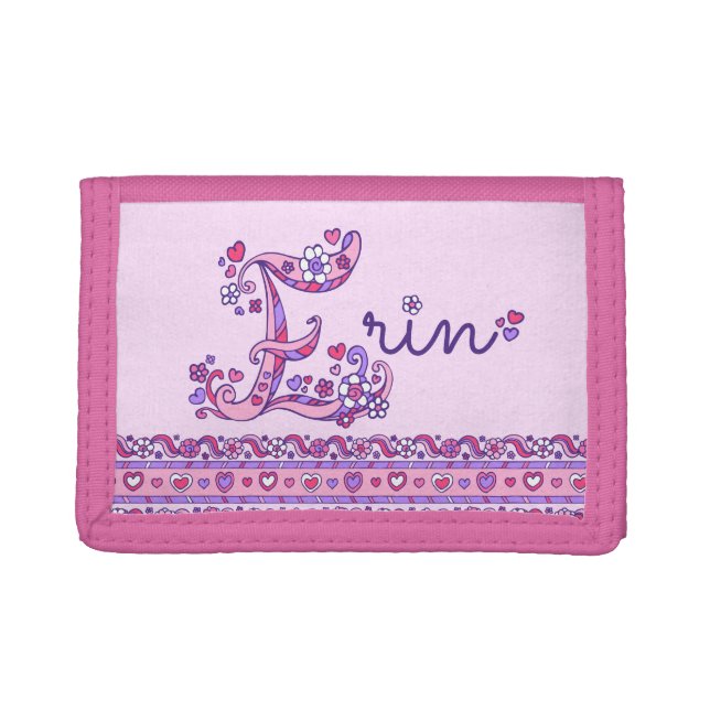 Erin letter E name meaning doodle art pink Trifold Wallet (Front)