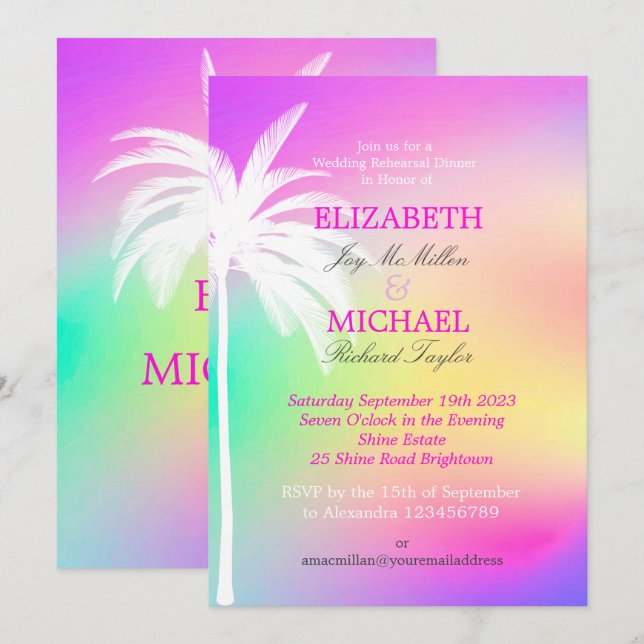 Erin Palm Tree White Colorful Modern  Invitation (Front/Back)