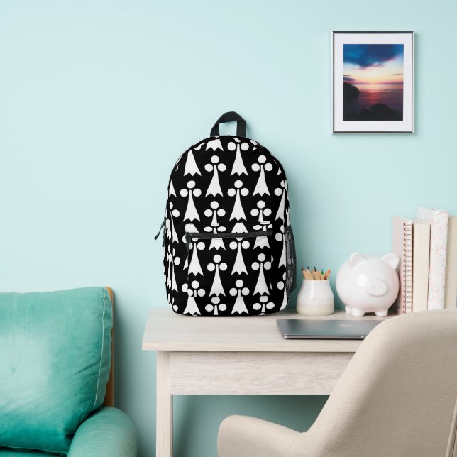 Ermine Pattern, Medieval Pattern, White on Black Printed Backpack (Insitu)