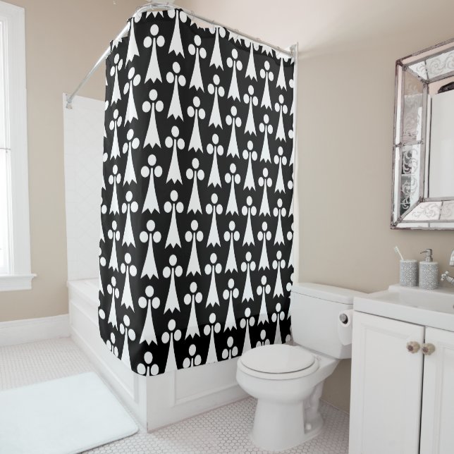 Ermine Pattern, Medieval Pattern, White on Black Shower Curtain (In Situ)