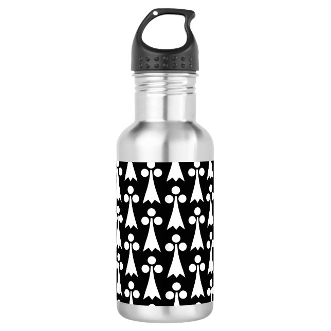 Ermine Pattern, Medieval Pattern, White on Black Stainless Steel Water Bottle (Front)