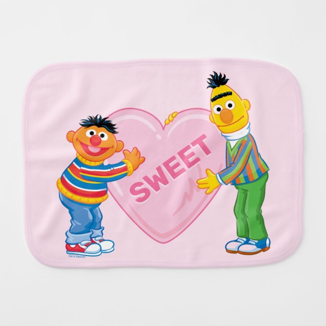Ernie & Bert Big Valentine's Heart Baby Burp Cloth (Front Horizontal)