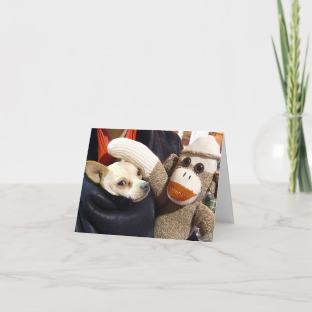 Ernie the Sock Monkey and Chihuahua Card (Front)