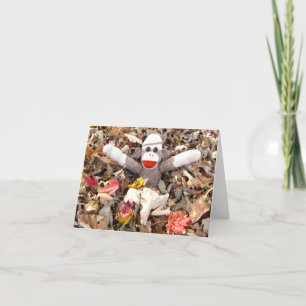 Ernie the Sock Monkey Pile of Leaves Note Card