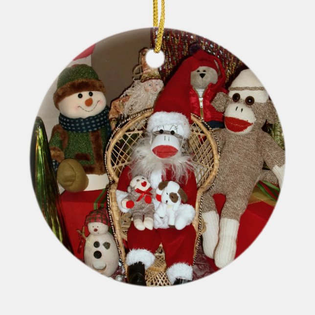 Ernie the Sock Monkey Visits Santa Round Ornament (Front)