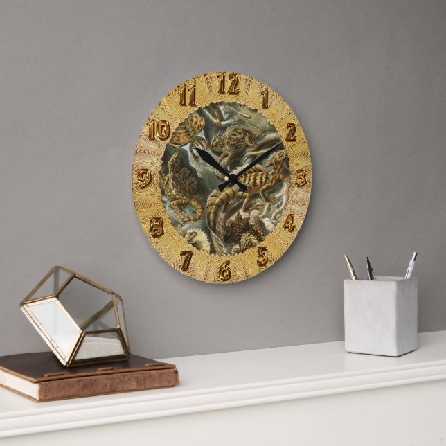 Ernst Haeckel old fashion illustration Lacertilia Large Clock (Office)