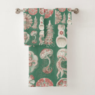 Ernst Haeckel Sea Life Pink Jellyfish Green Poster Bath Towel Set