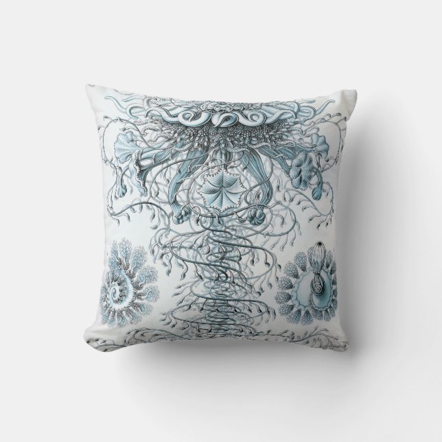 Ernst Haeckel Siphonophorae Jellyfish Bluebottle Throw Pillow (Front)