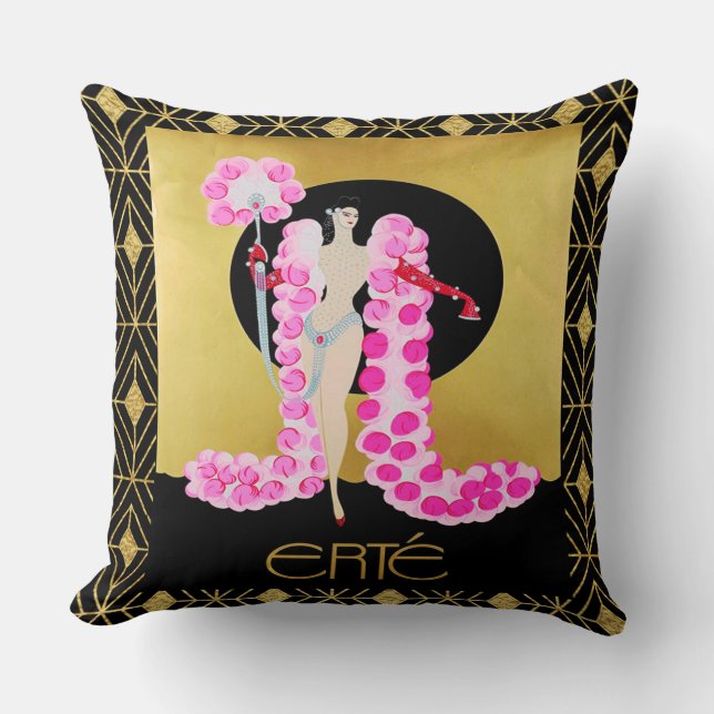 Erte Lady with Pink Boa Cushion. Throw Pillow (Front)