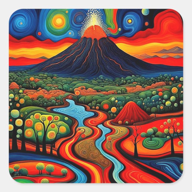 Erupting volcano at night 10 square sticker (Front)