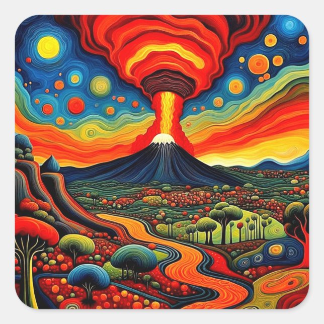 Erupting volcano at night 9 square sticker (Front)