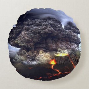 Erupting Volcano on Mountain Round Pillow