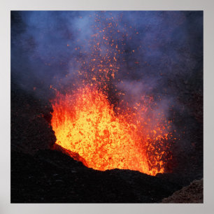 Eruption active volcano - hot lava flow in crater poster