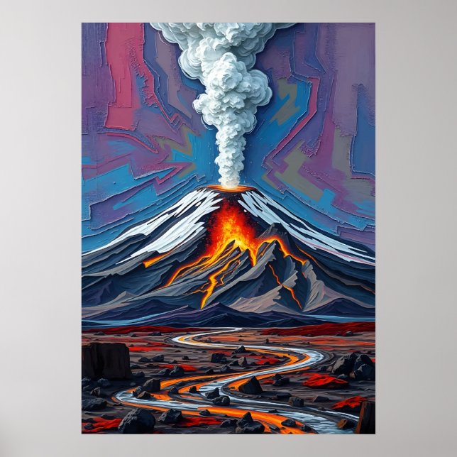 Eruption in Motion – Fiery Volcano Landscape Art Poster (Front)