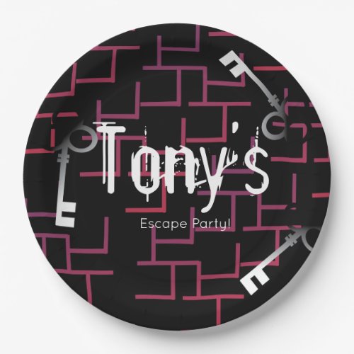 Escape Party Birthday Maze and Keys Gradient Paper Plates