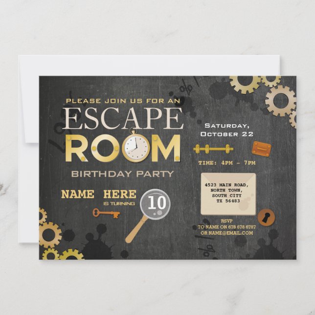 Escape Room Birthday Party Clues Cogs Keys Photo Invitation (Front)