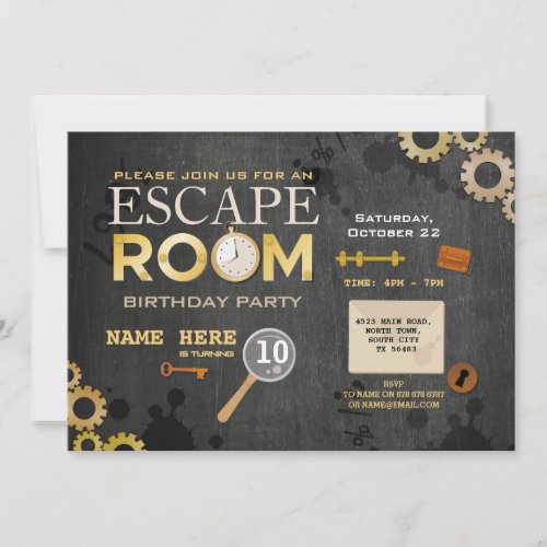 Escape Room Birthday Party Clues Cogs Keys Photo Invitation